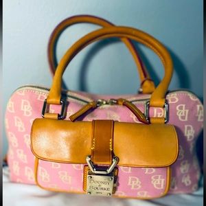 EUC Vintage Dooney & Bourke Pink And White Monogram Canvas & Tan Leather Handbag